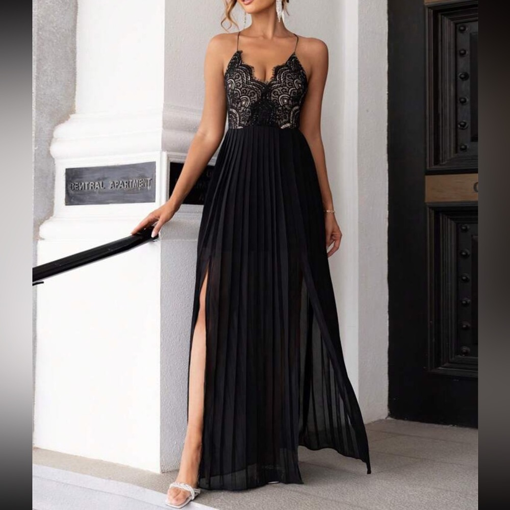 Luxe lace slit thigh party formal prom wedding cami dress - Picture 2 of 5